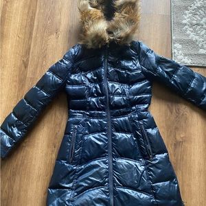 Navy blue hooded Fur coat